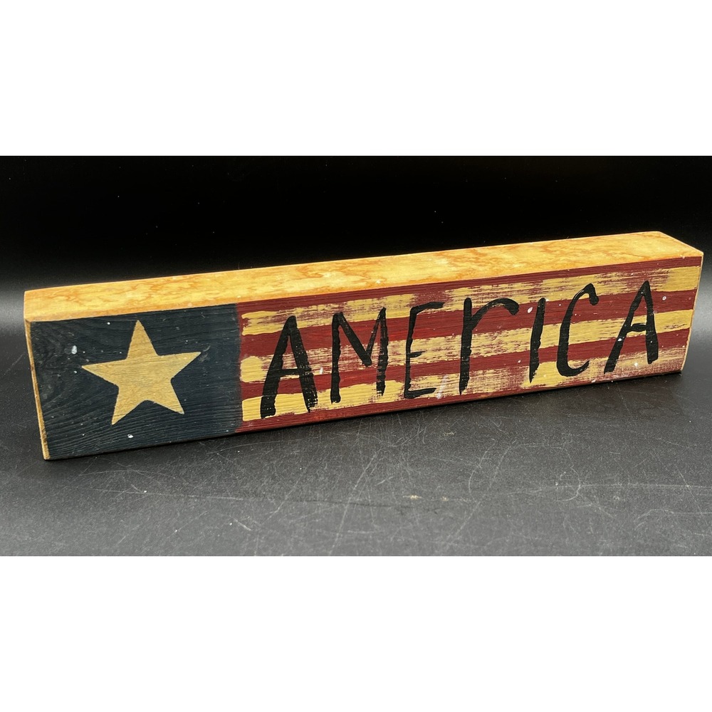 Rustic Wood Block America Sign Patriotic American Flag Shelf Sitter Decor 11.75"